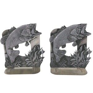 Metzke Large Mouth Bass Fish Fishing Pewter Bookend Set Vtg 1980’s